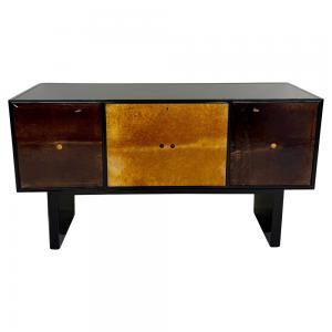Credenza Italiana Art Deco anni 50 con Ante in Pergamena Cuoio e Struttura Ebanizzata